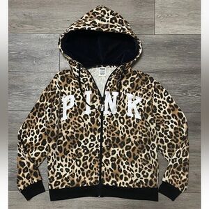 Victoria's Secret Pink Leopard Print Faux Fur Hood Full Zip Hoodie Jacket SMALL